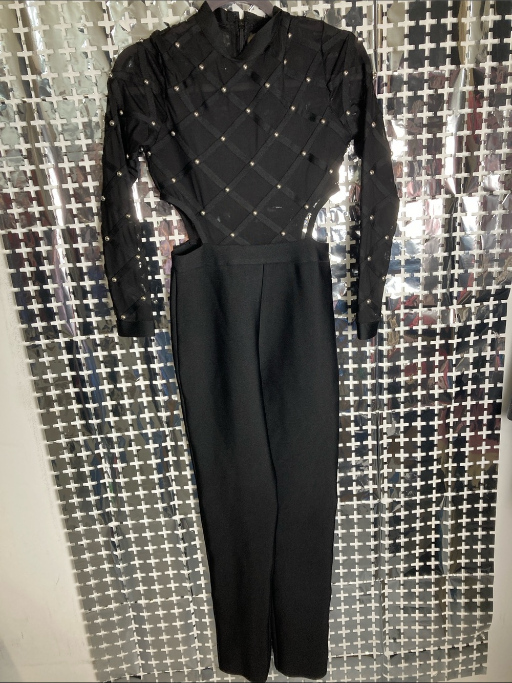 Emprada Black Studded Cutout Long-Sleeve Jumpsuit